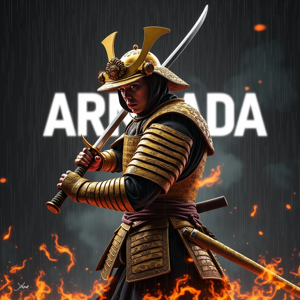 ( photographie ; ultra-réaliste ; ultra-détailé ) un samouraî japonais portant une armure dorée. Il s'entraîne avec son sabre fesant tournoyer les flammes autour de lui dans un univers ténébreux. En arrière plan on voit son nom "ARMADA"