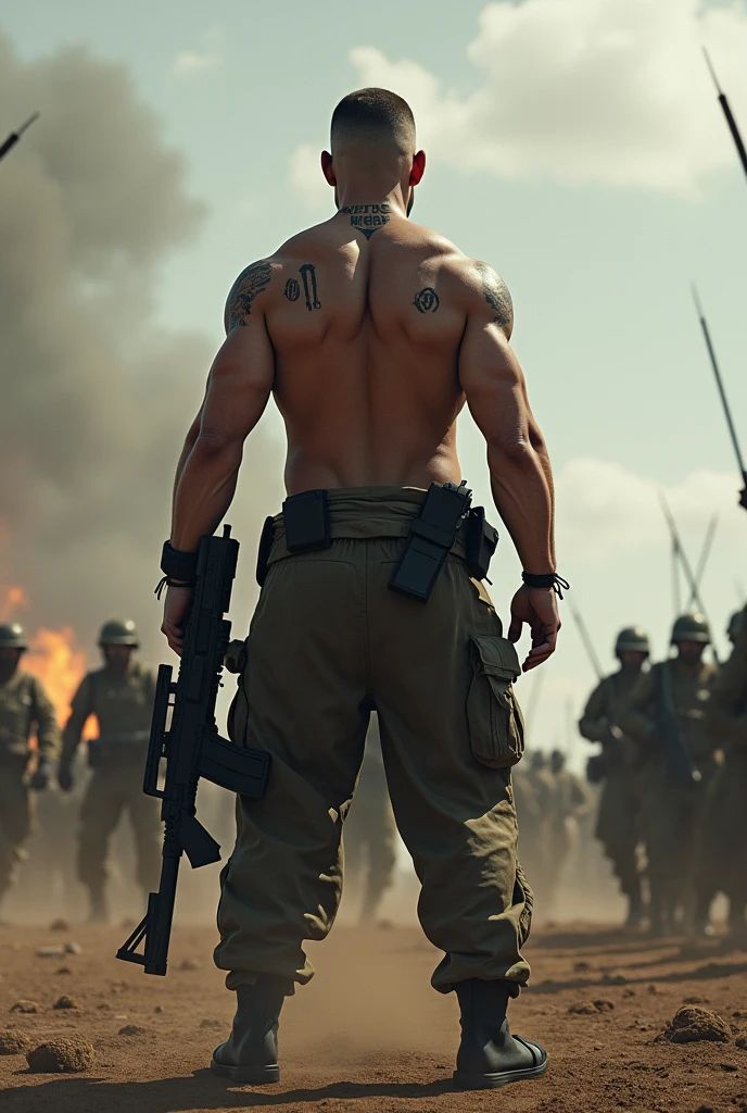 A  man standing in front of  enemy army in battlefield with m416 gun in his hand and his upper body should be naked and Toxic  printed on his back and 01  printed on his neck .