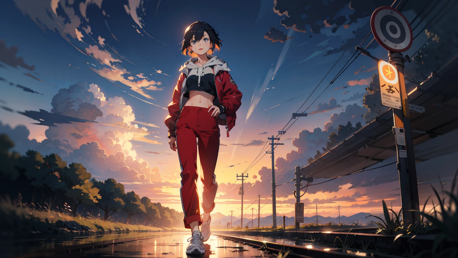 (best quality), ((masterpiece)), (highres), illustration, original, extremely detailed, 1girl, headphones, solo, Electric guitar Amplifile Guitar, sky background, midriff, pants, blue eyes, hair over one eye, simple background, shoes, black hair, long hair, hood, full body, red jacket, looking at viewer, hoodie, sneakers, hoop earrings, crop top, red pants, standing, jacket, baggy pants, there is a train crossing on the tracks near the ocean, traffic light, beautiful anime scene, ( ( makoto shinkai ) ), anime landscape, beautiful anime scenery, anime movie background, makoto shinkai. —h 2160, makoto shinkai cyril rolando, anime beautiful peace scene, anime background art, anime scenery, anime background, colorful anime movie background