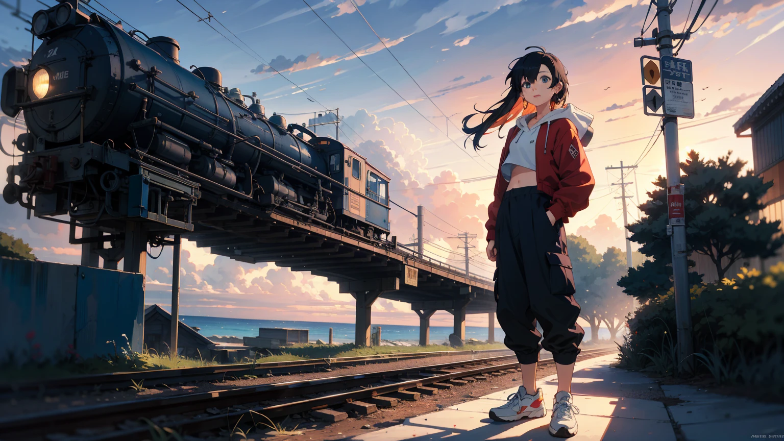 (best quality), ((masterpiece)), (highres), illustration, original, extremely detailed, 1girl, headphones, solo, Electric guitar Amplifile Guitar, sky background, midriff, pants, blue eyes, hair over one eye, simple background, shoes, black hair, long hair, hood, full body, red jacket, looking at viewer, hoodie, sneakers, hoop earrings, crop top, red pants, standing, jacket, baggy pants, there is a train crossing on the tracks near the ocean, traffic light, beautiful anime scene, ( ( makoto shinkai ) ), anime landscape, beautiful anime scenery, anime movie background, makoto shinkai. —h 2160, makoto shinkai cyril rolando, anime beautiful peace scene, anime background art, anime scenery, anime background, colorful anime movie background