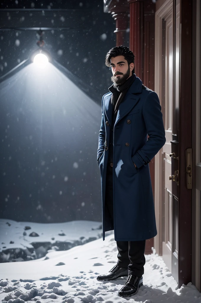 A 21-year-old young rich man with a small beard and big mustache, wearing a lush bluish pent coat and a red muffler. Snow-covered ground and icy environment. Dark, cold night with heavy snowfall. standing in front of grand mansion entrance door, looking outside at the snow, snowy and cold environment.