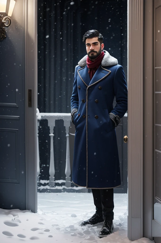 A 21-year-old young rich man with a small beard and big mustache, wearing a lush bluish pent coat and a red muffler. Snow-covered ground and icy environment. Dark, cold night with heavy snowfall. standing in front of grand mansion entrance door, looking outside at the snow, snowy and cold environment.