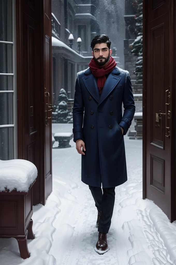 A 21-year-old young rich man with a small beard and big mustache, wearing a lush bluish pent coat and a red muffler. Snow-covered ground and icy environment. Dark, cold night with heavy snowfall. standing in front of grand mansion entrance door, looking outside at the snow, snowy and cold environment.