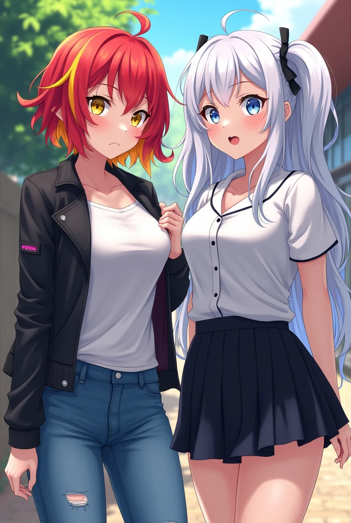 2 girls, school yard, BREAK (masterpiece:1.2), best quality, high resolution, unity 8k wallpaper, (illustration:0.8), (beautiful detailed eyes:1.0), extremely detailed face, perfect lighting, extremely detailed CG, (perfect hands, perfect anatomy), (1 girl, curvy, with short red hair and yellow streaks, yellow eyes, black leather jacket, white t-shirt, torn jeans, mischievous smile), (1 girl, curvy with long white hair with blue streaks, light blue eyes, white blouse, black pleated skirt, cold face), hot anime style
