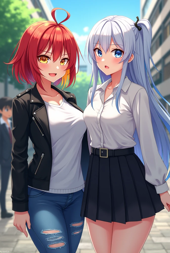 2 girls, school yard, BREAK (masterpiece:1.2), best quality, high resolution, unity 8k wallpaper, (illustration:0.8), (beautiful detailed eyes:1.0), extremely detailed face, perfect lighting, extremely detailed CG, (perfect hands, perfect anatomy), (1 girl, curvy, with short red hair and yellow streaks, yellow eyes, black leather jacket, white t-shirt, torn jeans, mischievous smile), (1 girl, curvy with long white hair with blue streaks, light blue eyes, white blouse, black pleated skirt, cold face), hot anime style