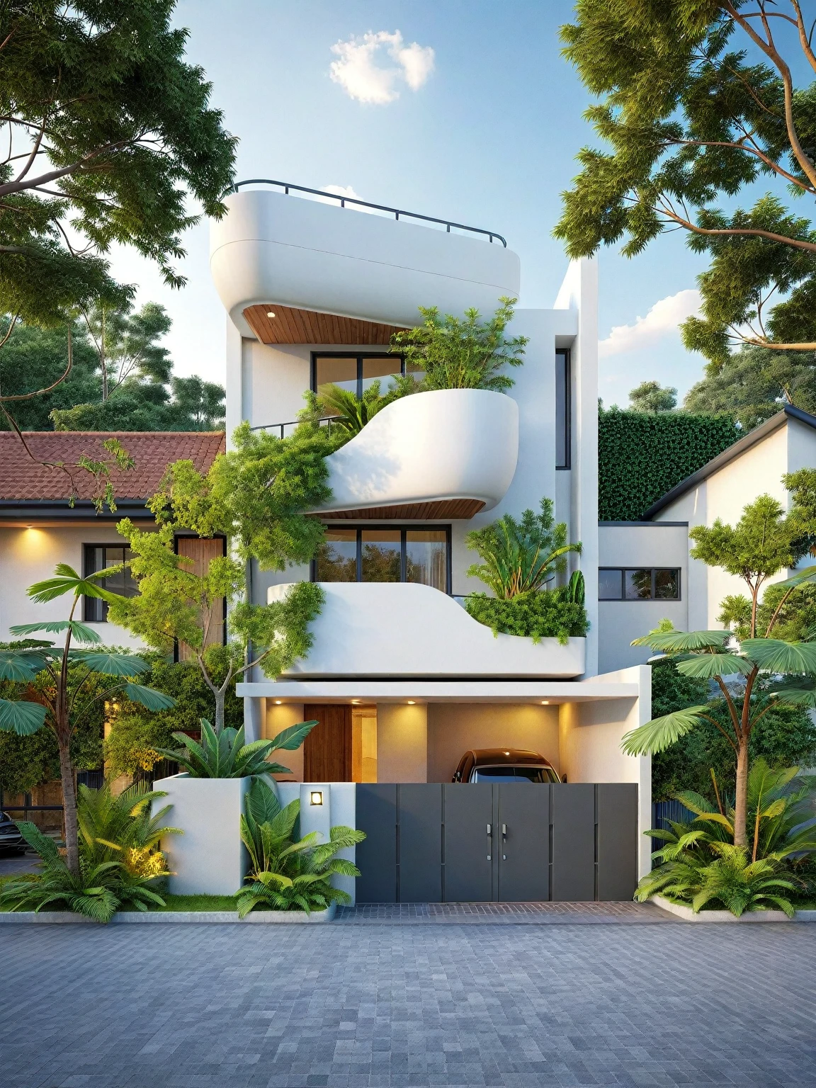 Architectural style Architectural style,  ((Classic Style House)),(masterpiece) , ((best quality)), dramatic lighting, high quality outdoors, sky, day, cloud, tree, blue sky, building, scenery, road, real world location,  sunlight, enough detail, high resolution,super realistic, Photorealistic, highly detailed, balcony, plants, door, car, truck, parking slot, paving, . Clean lines, architectural drawing, highly detailed  , . Clean lines, geometric shapes, minimalist, modern, architectural drawing, highly detailed