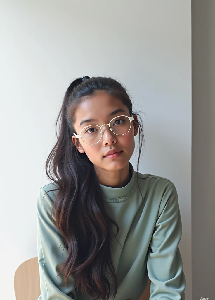 A dark brown skinned girl with brown almond eyes & high ponytail hairstyle wearing sage green high neck blouse & white framed spectacles, potrait, photoreaatic