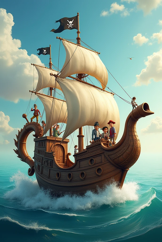 A ship sailing with pirate children on it
Make it look like a tea pot