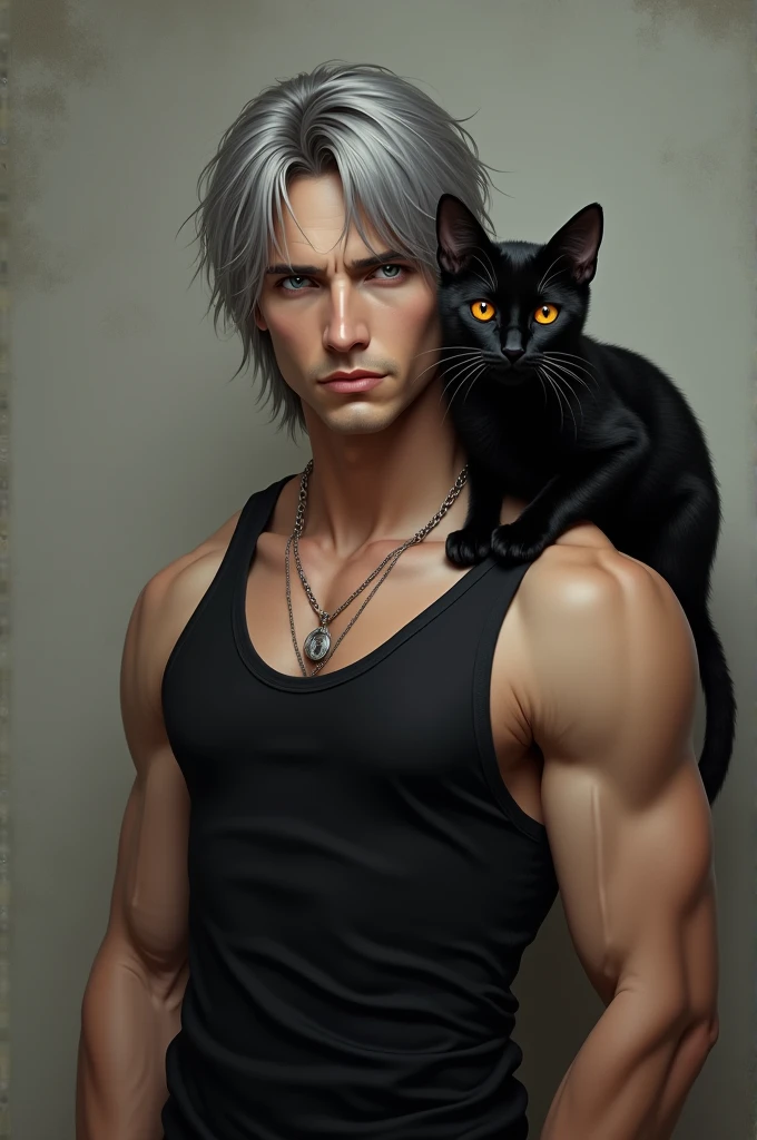 Beautiful man, grey, medium hair, orange eyes, Black tank top, cool eyes, long eyes , biceps, put a black cat on your shoulder, 