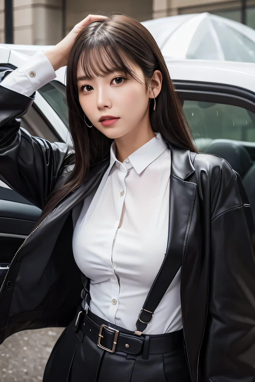 Highest quality, masterpiece, Ultra-high resolution, Strong Woman, suit.belt.Hands behind back　Armpit sweat　　suspenders　belt　Black jacket　Black trousers　sexy　Large Breasts　See-through clothing　rain　大rain　Investigator　company employee　White dress shirt　