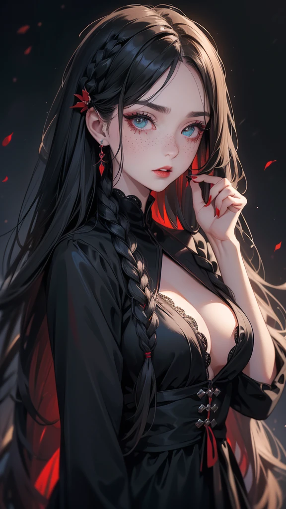 Dark and thirsty vampire; long hair, a beautiful hairstyle with oriental braids, using a hair clip; rosto angelical, fleshy lips, greeneyes, freckles on the face,  is wearing a long black dress with red details; she has an expression of arrogance and stubbornness;  on her face she is wearing heavy makeup