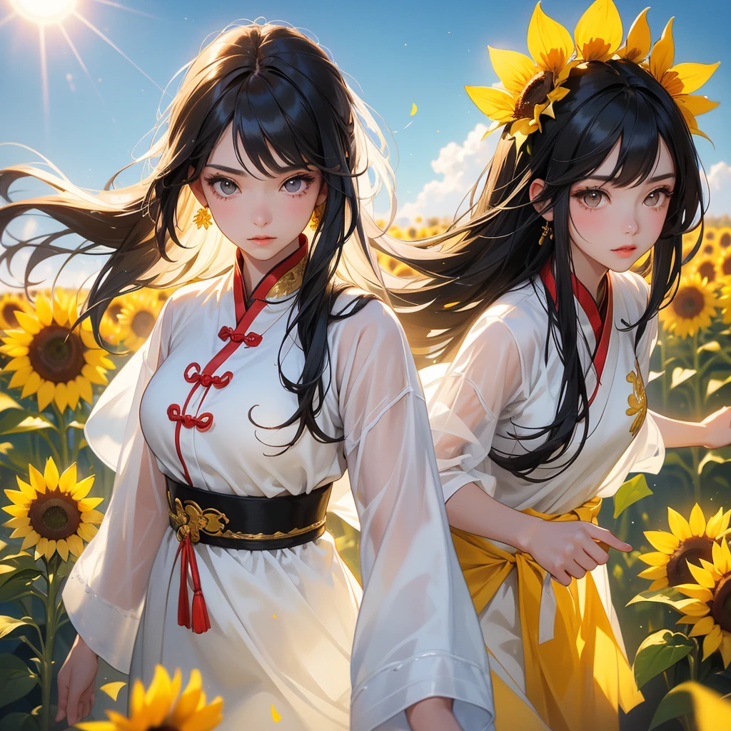 A beautiful girl with black long hair, wear white ancient chinese clothes, Walking Strolling among the sunflower fields Glowing yellow, with the sun shining on her face, close up.