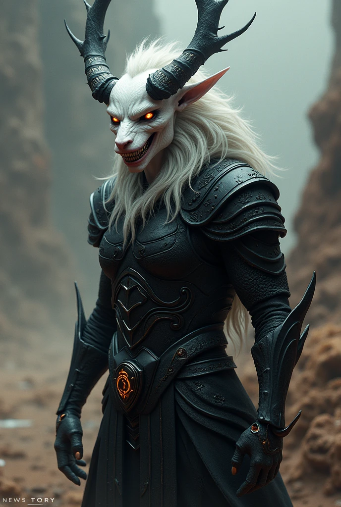 1. General appearance:
Body and Skin: Wylix has white skin, almost translucent, which may have a subtle sheen or an unusual texture, reflecting her otherworldly nature.
antlers: Wylix's horns are curved backwards, robust and imposing, coming out of his forehead. They should look sharp and be made of a material that suggests strength and toughness..
eyeballs: Your eyes must be piercing and enigmatic, with a glow that conveys authority and a touch of mischief. Eye color can vary between an intense shade of red or gold.
teeths: His teeth are sharp as razors, with a smile that exudes a mixture of cruelty and disturbing amusement.
Armour: Wylix's black armor must have an intricate design, perhaps with details that seem almost alive or in motion, as if the armor was constantly changing. The surface may have mystical patterns or runes.
2. Action and Pose:
imponent pose: Draw Wylix in a dominant pose, perhaps with one arm extended or in a position that conveys control and authority. He may be in a posture that suggests he is in command of the situation..
Interaction with the environment: , perhaps lifting him up or guiding him through the desert. Adicione detalhes ao fundo,
Visual effects: Include subtle visual effects around Wylix, like an aura of energy or a dark mist that might suggest his power and his connection to the underworld.
3. Specific Details:
4. colors e Iluminação:
colors: Use a color palette that matches