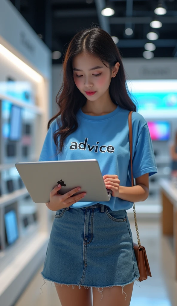 A beautiful Thai girl wearing a blue T-shirt with the words printed on it "ADVICE", Wear a short jean skirt, (((Standing holding a laptop))) In a tablet computer store