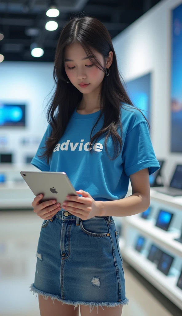 A beautiful Thai girl wearing a blue T-shirt with the words printed on it "ADVICE", Wear a short jean skirt, (((Standing holding a laptop))) In a tablet computer store