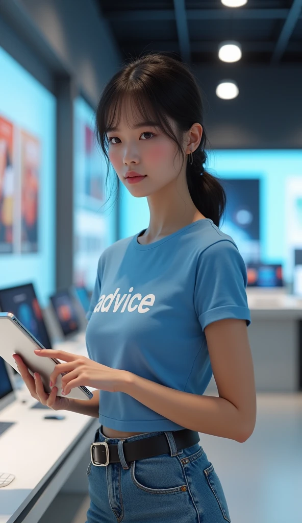 A beautiful Thai girl wearing a blue T-shirt with the words printed on it "ADVICE", Wear a short jean skirt, (((Standing holding a laptop))) In a tablet computer store