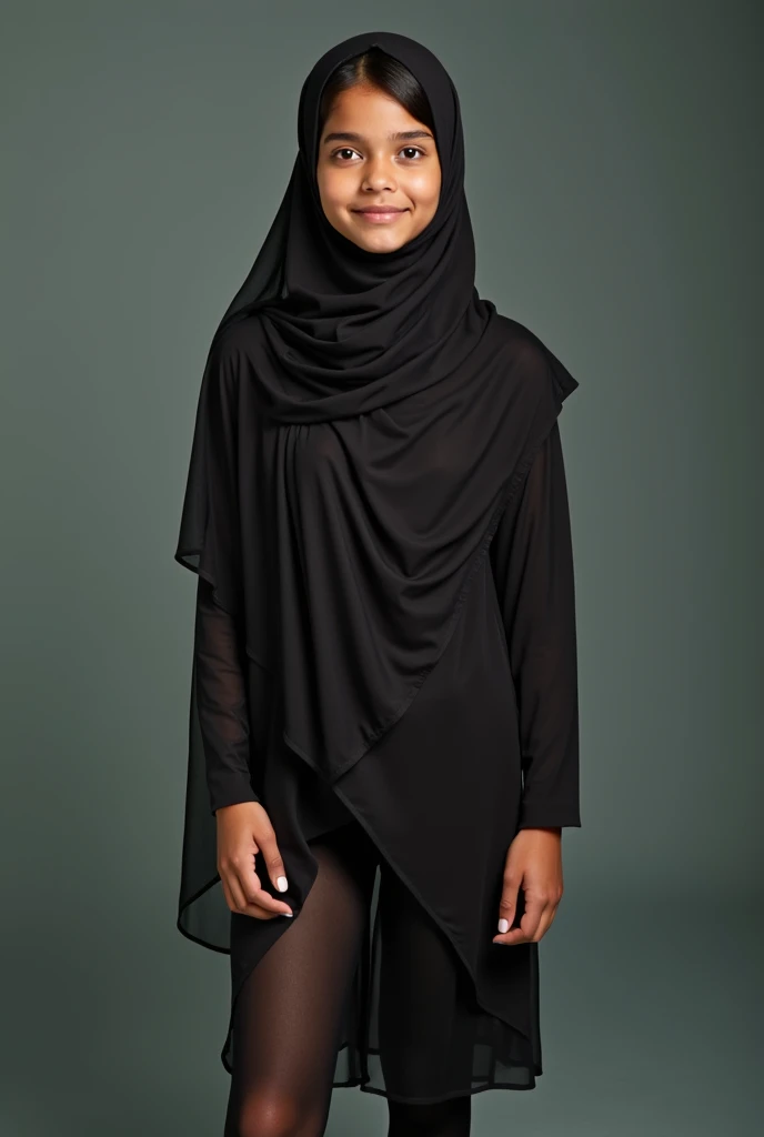 12 year old woman wearing transparent hijab showing her breasts and open legs with black stockings 