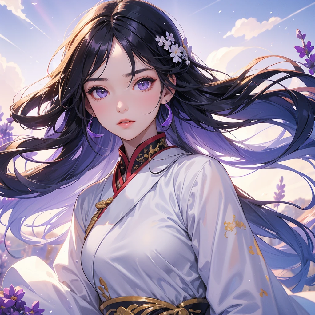 A beautiful girl with black long hair, wear white ancient chinese clothes, Stroll among the purple lavender fields , There are some floating clouds,, with the sun shining on her face, close up.