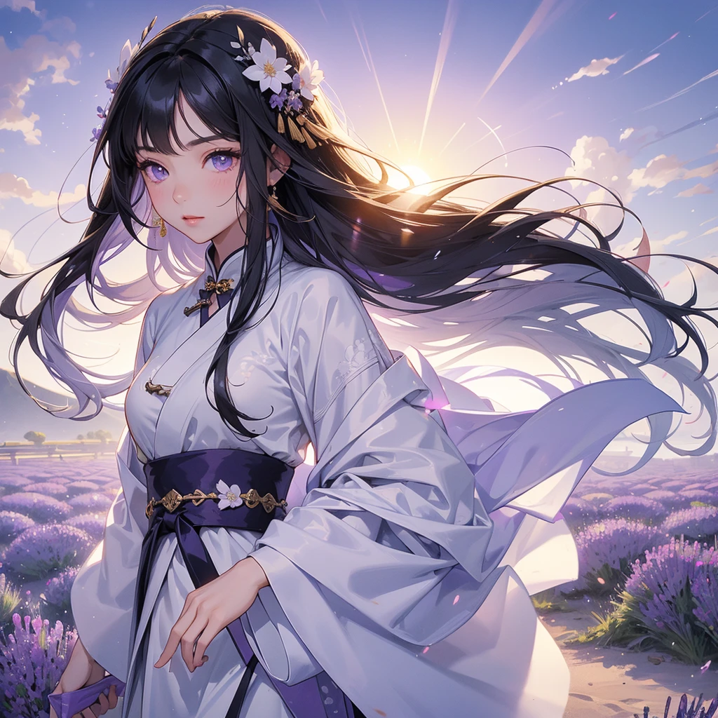 A beautiful girl with black long hair, wear white ancient chinese clothes, Stroll among the purple lavender fields , There are some floating clouds,, with the sun shining on her face, close up.