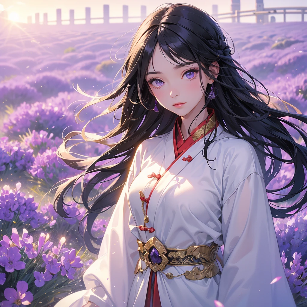 A beautiful girl with black long hair, wear white ancient chinese clothes, Stroll among the purple lavender fields , There are some floating clouds,, with the sun shining on her face, close up.