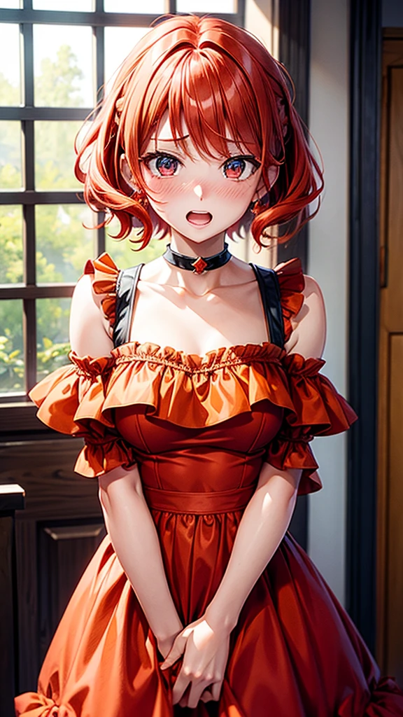 (embarrassed), red hair, orange hair, WeriArt Style, 1girl, blush, upper body, highly detailed eyes, hires, collarbone, frilled dress, open mouth sex