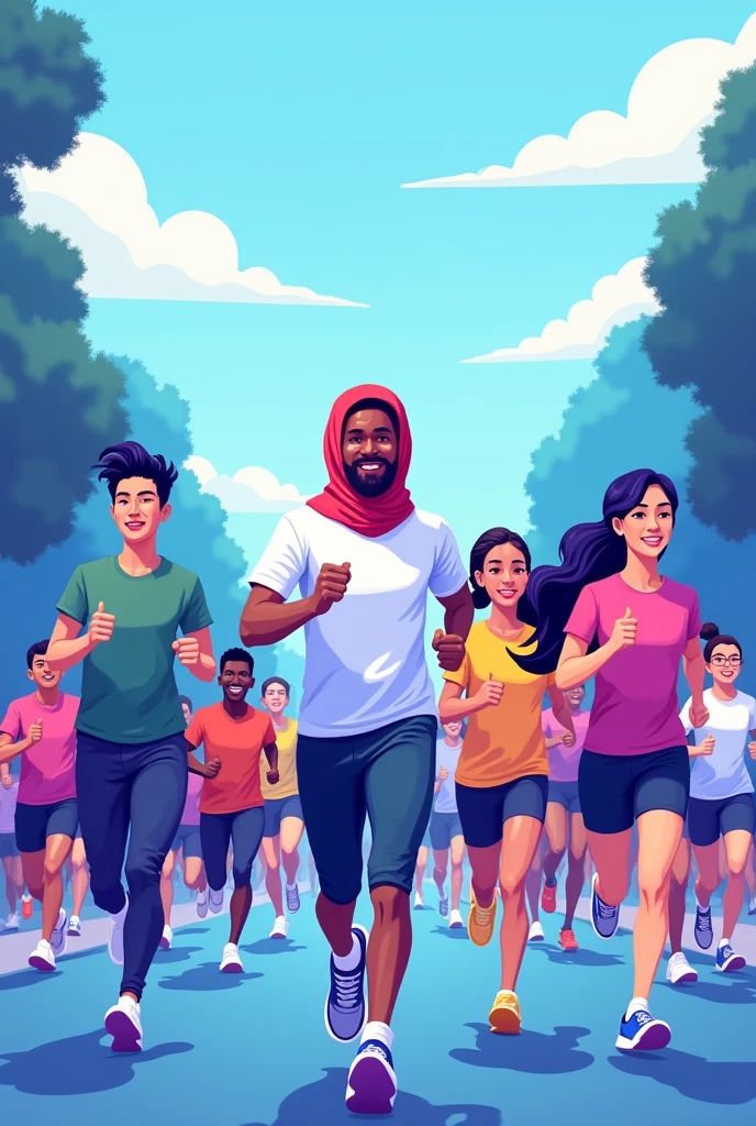 Create an illustration of people running for an event. Title of the backdrop is ‘mental health run’. Main colors are blue and purple. Save the middle space for logo. Asian people in the illustration. Make it a bit more cartoonish. Change the color of the shirt to more colorful.
Do not include the logo. The scenery change to a simple background. Include a hijabi. Make the background simple