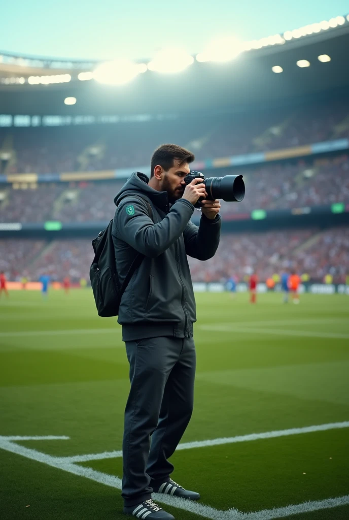 Messi as a photographer in a football ground with a huge camera