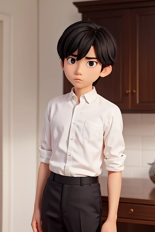 male、16age、Black Hair、White Shirt、Black trousers、Weak look、
