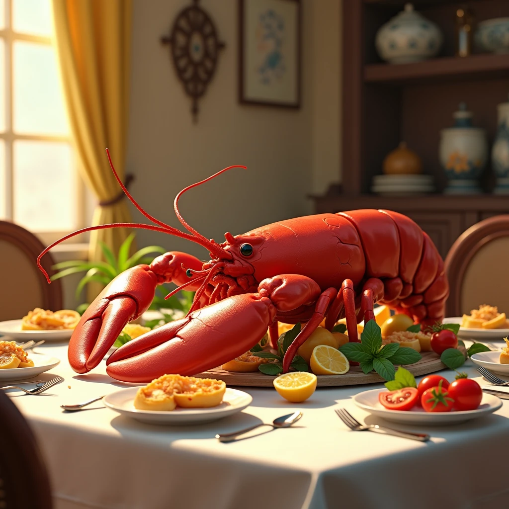 Dining room，Seafood dinner，Large lobster，lemon，basil leaves，mint，tomato，Disney style
