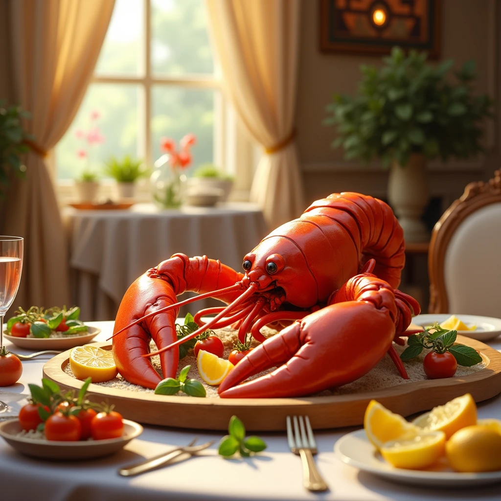 Dining room,Seafood dinner,Large lobster,lemon,basil leaves,mint,tomato,Disney style