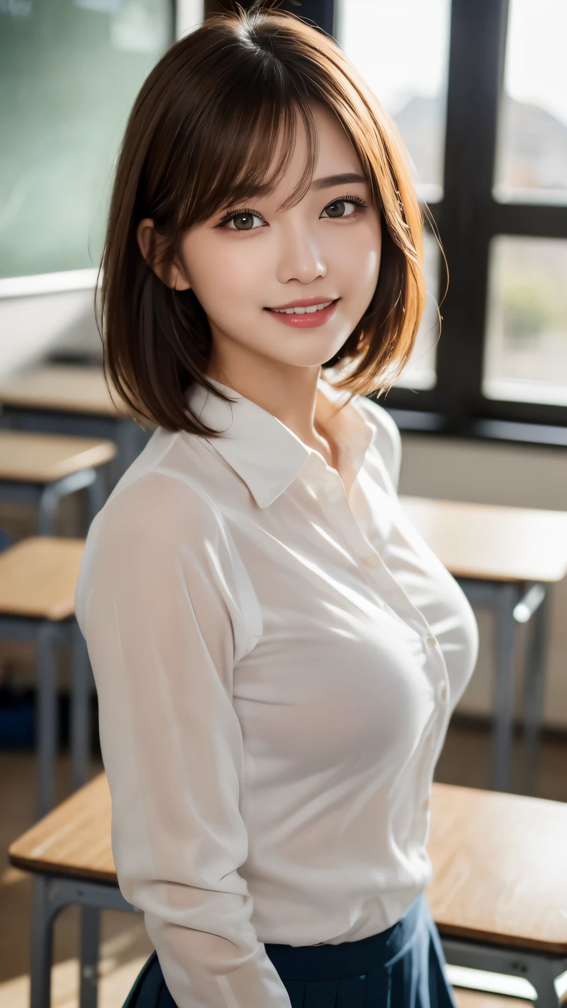 on the table, best quality, illustration, Super detailed, fine details, high resolution, 8k wallpaper, Perfect dynamic composition, Beautiful and delicate eyes, ribbon tie, high School uniform, mini skirt with frills, Very short Bob hair, (???????????:1.3), bold gesture, Smile, School, 18 year old girl, (Cute 1.3), looking into camera lens, Sunset, beside a window,???????????,