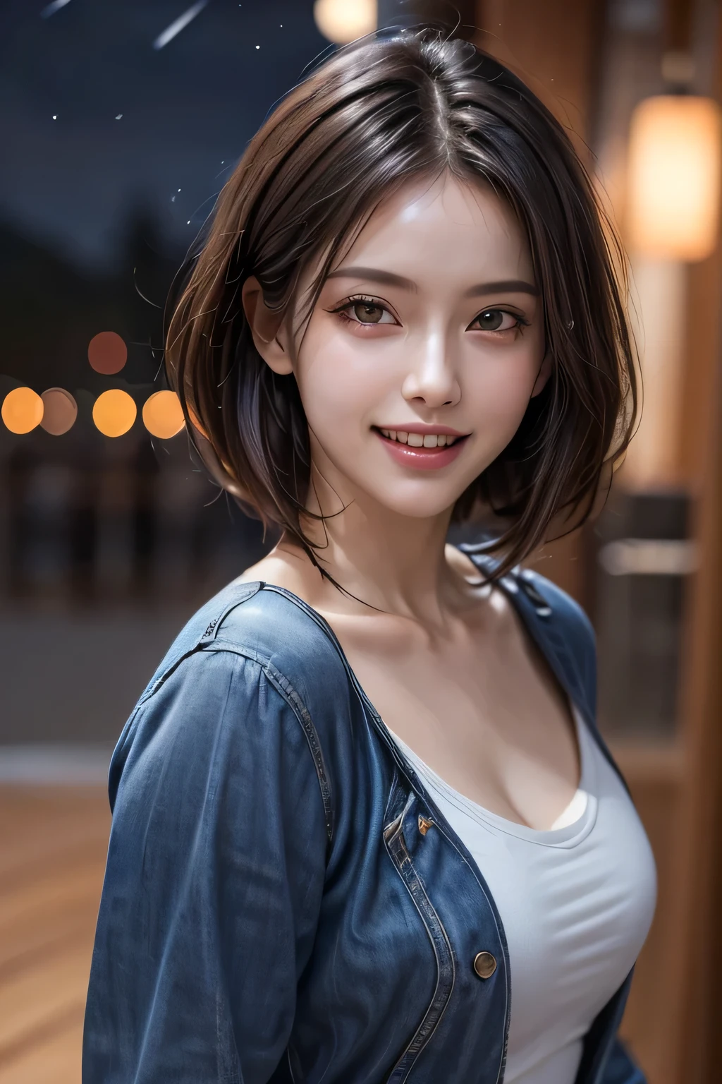 (highest quality, 8k, 32K, masterpiece), (Realistic), (Realistic:1.2), (High resolution), (night:1.7), Japan, cyber punk, 街の景Farbe, In front of the window,Wooden floor, Blue jacket, Grey Shirt, clavicle, jewelry, gem, Brunette Bob, 1 female, 45 years old, (Grin), Beautiful body, beautifulNose, beautifulcharacter design, Perfect Eyes, perfectface, Expressive eyes, View your audience, Center the image, (Cowboy Shot), Official Art, Very detailed CG Unity 8k wallpaper, Perfect lighting,Farbeful, bright_front_face_Lighting,Glowing Skin, (masterpiece:1.0),(Highest_quality:1.0), 超High resolution,4K,Very detailed, photograph, 8k, High resolution, High resolution, absurdes:1.2, Kodak Port 400, Film Grain, Blurred Background, bokeh:1.2, Lens flare, (Vibrant_Farbe:1.2) (beautiful,chest), (beautiful_face:1.5),(narrow_Waist)