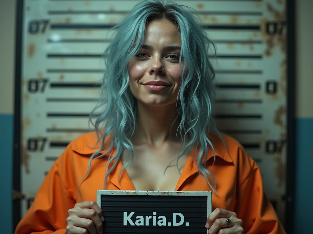 biracial latina woman, no make up, tired, messy long light blue hair, light blue eyes,large breasts, mug shot, wear orange inmates ,Résolution Haute,hold Identification panel with "Karia.D" write on it, smile lightly