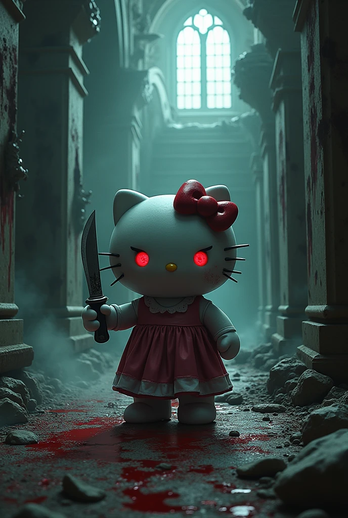 Create a domain expansion: hello kitty island. The details should be horror theme, hello kitty holding a knife with blood. The place should be at inside a abandoned palace