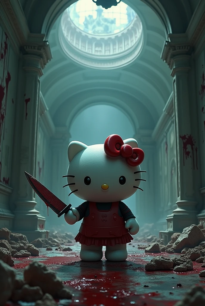 Create a domain expansion: hello kitty island. The details should be horror theme, hello kitty holding a knife with blood. The place should be at inside a abandoned palace
