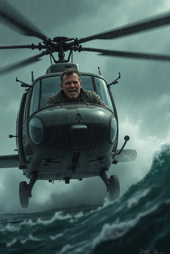 Man in Helicopter, at the ocean Rain , yelling