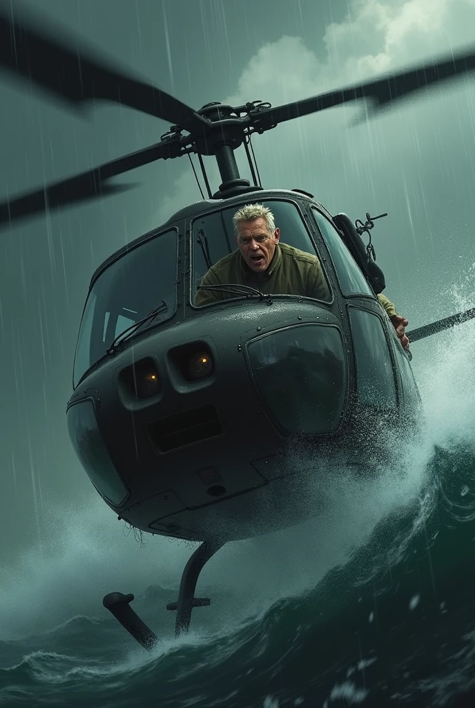 Man in Helicopter, at the ocean Rain , yelling 