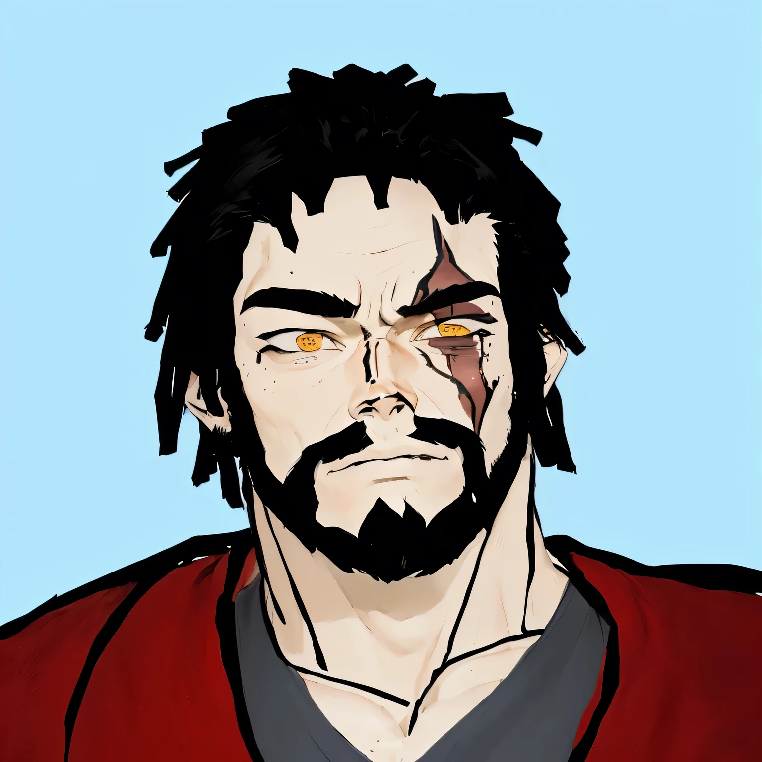 there is a drawing of a man with dreadlocks and a beard, ((red)) baggy eyes, cel - shaded art style, tetsuo from akira, handsome guy in demon slayer art, horrified look in his eyes, berserk art style, as an ugly titan, digitally colored, in teh style of tony start, kentaro miura art style