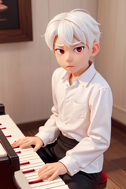 male、１６age、White Hair、Red eyes、White Shirt、Light Skin、Gentle expression、Black trousers、Playing the piano、