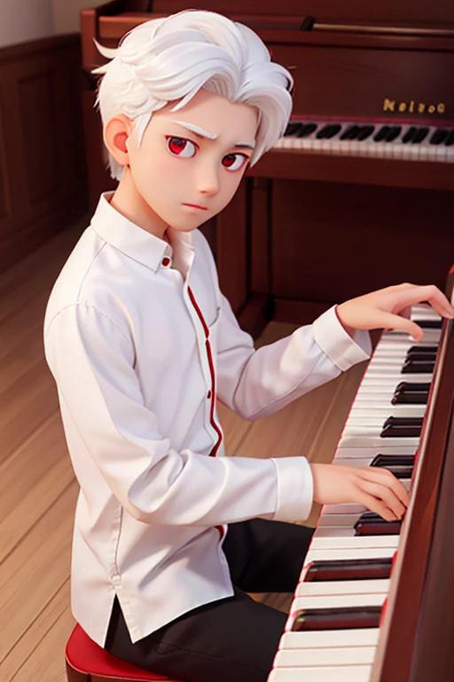 male、16age、White Hair、Red eyes、White Shirt、Light Skin、Gentle expression、Black trousers、Playing the piano、