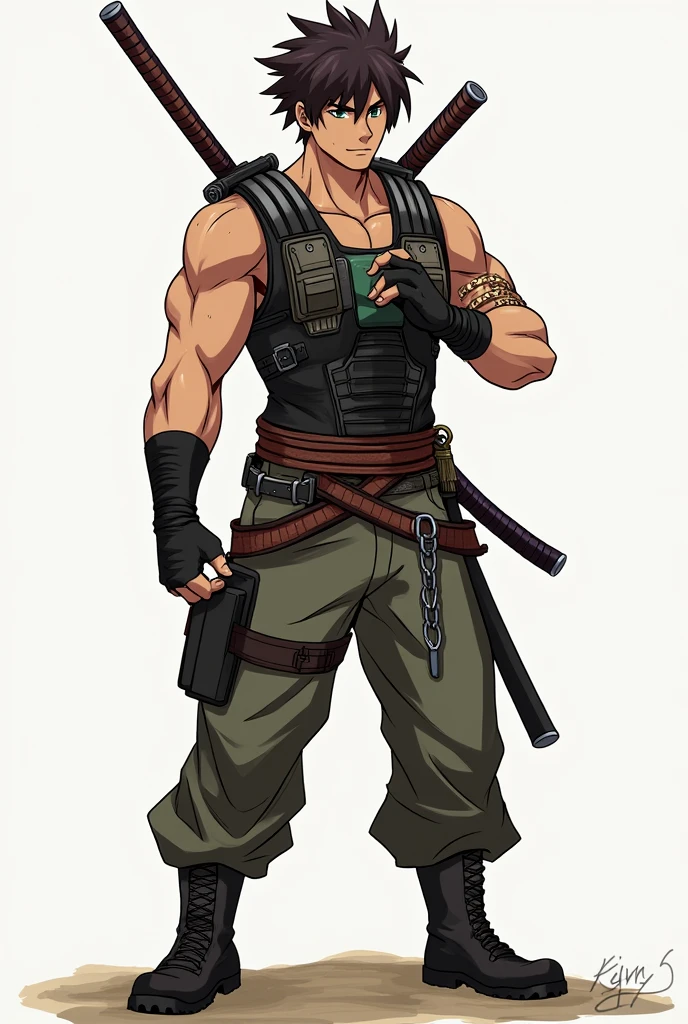 Appearance: Kaito has a muscular build, slightly taller than Kenji, with rugged features. His skin is slightly tanned, with a few small scars visible on his arms or face, hinting at his battle experience. He has short, messy hair, possibly in a spiky style, with dark brown or black hair. His eyes are intense, reflecting a determination and warrior spirit.Clothing: Kaito wears a sleeveless, armored vest, allowing his muscular arms to be free for combat. The vest is designed with a mix of traditional samurai armor elements and modern tactical gear. He pairs this with loose, durable pants and sturdy boots.Accessories: Kaito carries a katana sheathed on his back, the handle visible above his shoulder. He might also have a few throwing knives or a grappling hook attached to his belt. A traditional Japanese headband could be tied around his forehead.Posture: Kaito stands in a slightly aggressive stance, one hand possibly resting on the hilt of his katana, ready to draw it at a moment’s notice. His posture exudes confidence and readiness for battle.
In anime style drawing 