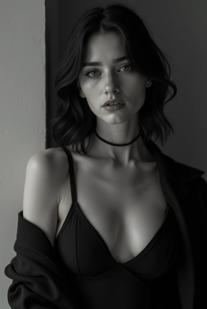 photographie d&#39;a 20 yo woman, visage parfait, head of&#39;artwork, Great, underwear, noir_Great, jacket, noir_culotte