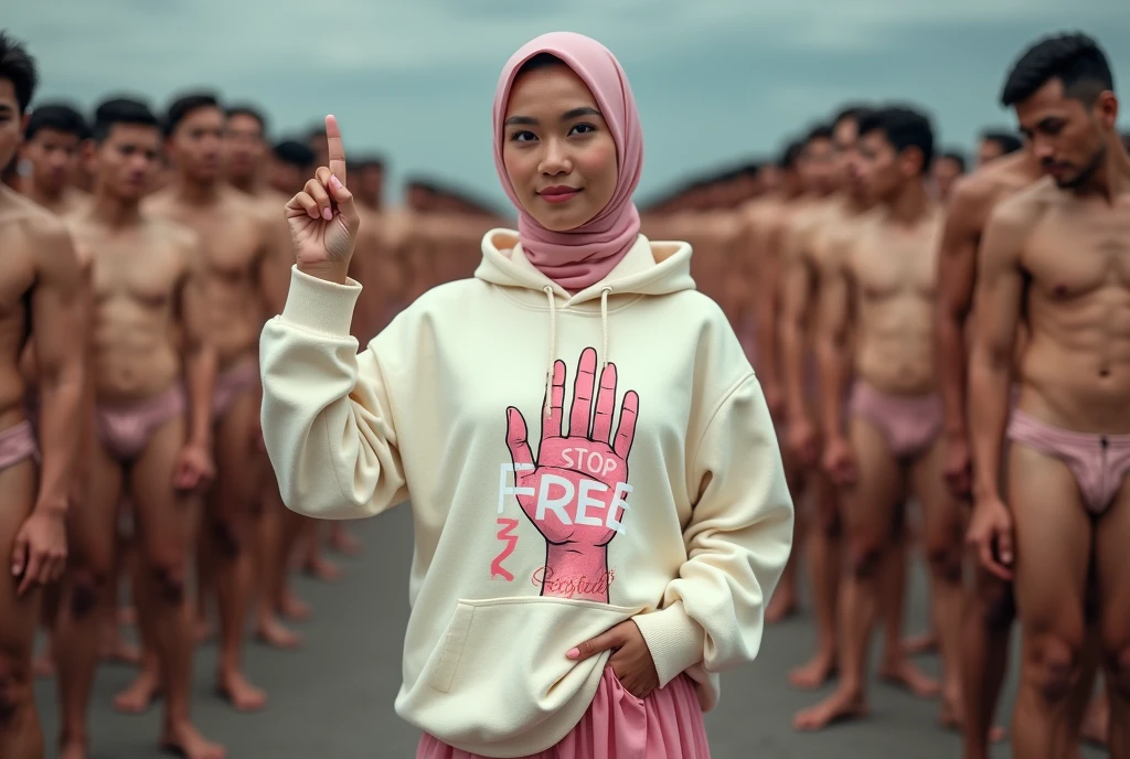 A hijaber indonesian pretty woman, wearing a cream hoodie with a strong vector design featuring a silhouetted image of a five-fingered palm in pastel colour with love and light. The phrase "STOP FREE ???" is displayed in bold simple elegand, distressed typography with pastel colours, while holding her long skirt, wearing hijab, one-handed pose pointing upwards, in a public place, surrounded by many ????? men, jav idol, with front shooting angle, very realistic, (complex detail: 0.9), (hdr, hyperdetail: 1.2), RAW, Sony Alpha a9 II, 24-105mm f/4, HDR,