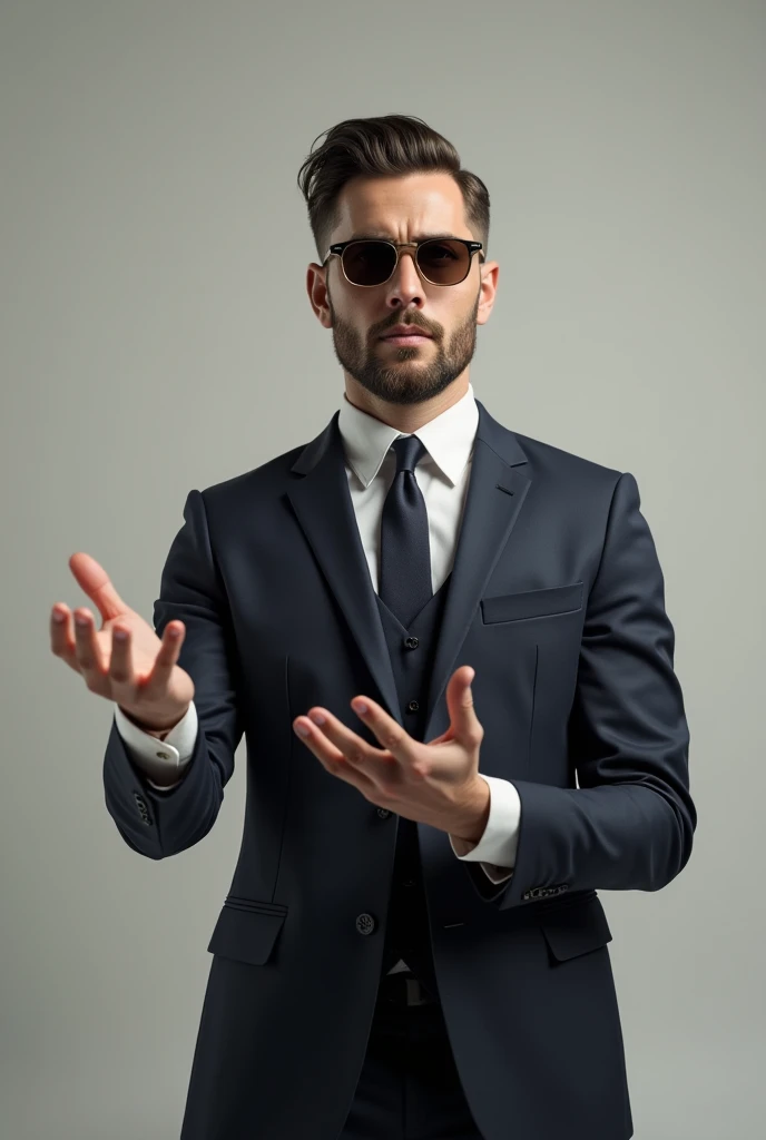 A man how suggest something , wearing formal dress with a classic sunglass formal haircut , facing front