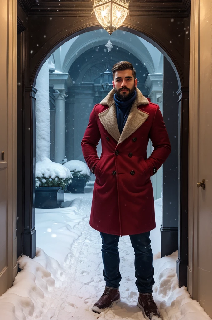 A 21-year-old young rich man with a small beard and big mustache, wearing a lush bluish pent coat and a red muffler. Snow-covered ground and icy environment. Dark, cold night with heavy snowfall. standing in front of grand mansion entrance door, looking outside at the snow, snowy and cold environment.