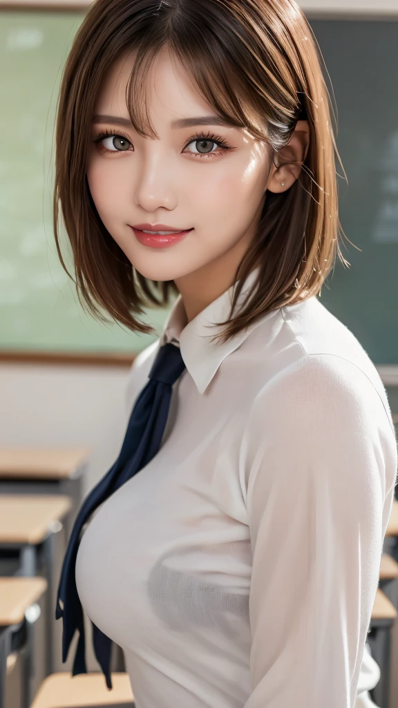 (photorealistic, 32k, RAW photo, best quality: 1.4), (masterpiece:1.3), (absurdres, attractive, ultra high resolution, ultra realistic, highly detailed, golden ratio, ultra detailed, super fucking beautiful detailed face), natural makeup, detailed cloth texture, detailed hair texture, beautiful detailed fullbody, Perfect female body, accurate, Anatomically correct, Highly detailed face and skin texture, (beautiful hands), (realistic skin), (beautiful pale skin:1.1), (large breasts), (thighs), (cowboy shot:1.3), (Perfect dynamic composition, looking at viewer), 
BREAK, 
realistic eyes, beautiful detailed eyes, symmetric eyes, Light Brown eyes, Double eyelids, Thin eyebrows, (Glossy lips:1.4), ((A face with waiting for a kiss, Seductive smile:1.2)), (weat skin, blush:1.1), 
BREAK, 
((short hair, bob, Dark blonde hair, bangs:1.2)), Daytime, (Standing in classroom:1.3), (school uniform, long sleeve white shirt:1.3)