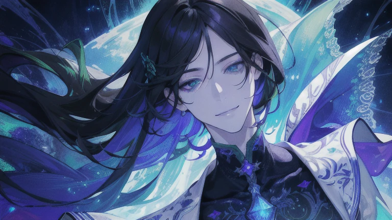 ( High resolution, Super detailed), 1 male, Adult, Tall Man, Detailed drawn eyes, Dark Hair, Fantasy, Complex patterns, Detailed face, Magical Effects, ice,smile, (Dutch Angle), Mouth closed、hope、green、Purple light、ephemeral、beautiful、Stylish