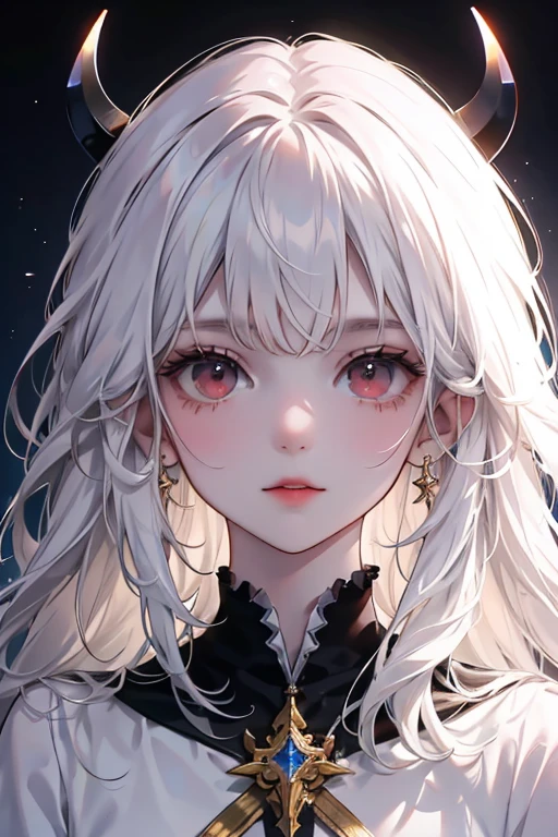 A holy girl in light clothes stands on the left, looking into the face of the devil guy standing on the right in the dark