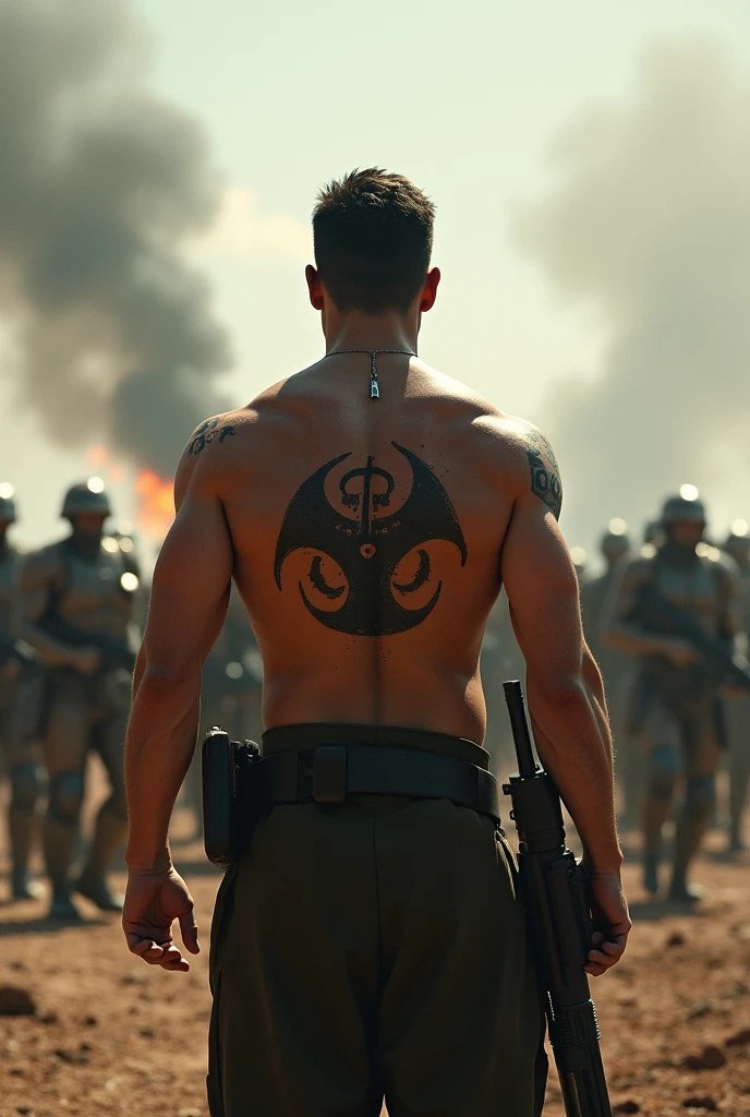 A  man standing in front of  enemy army in battlefield with m416 gun in his hand and his upper body should be naked and Toxic  printed on his back and 01 number  printed on his shoulder.
All name should be visible clearly 