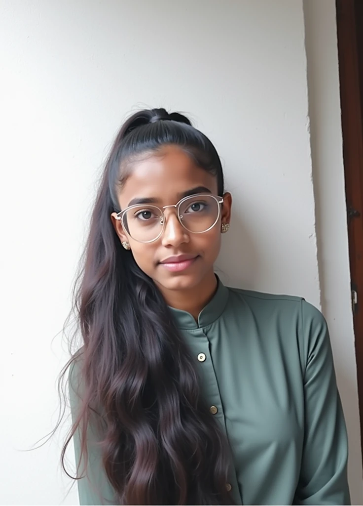 A dark brown skinned srilankan girl with brown almond eyes & high ponytail hairstyle wearing sage green high neck blouse & clear spectacles